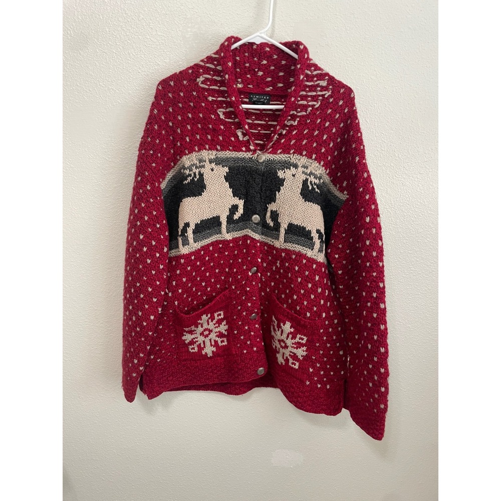 Vintage Limited Handknit Cardigan Women L Red X-Mas Reindeer Wool Shawl Cardigan